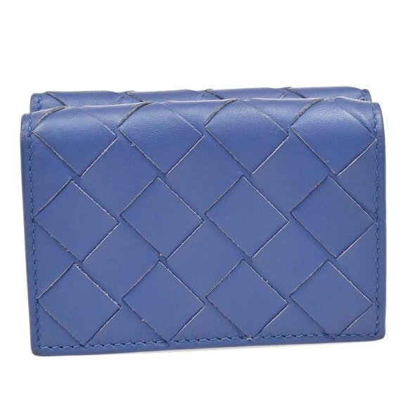 BOTTEGA VENETA INTRECCIATO Trifold Compact Wallet Leather Blue Italy 35KA812 - Picture 1 of 16